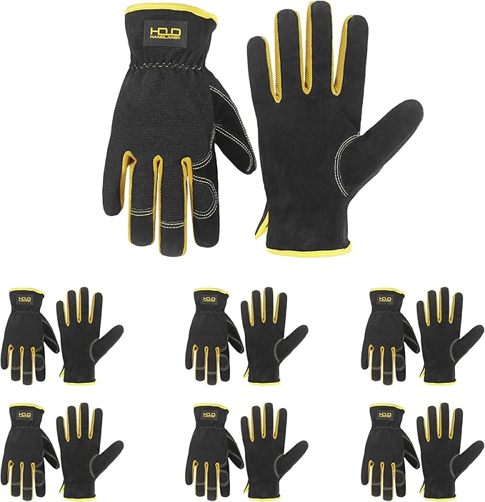 HANDLANDY Men Leather Gardening Gloves, Utility Work Gloves for Mechanics, Construction, Driver