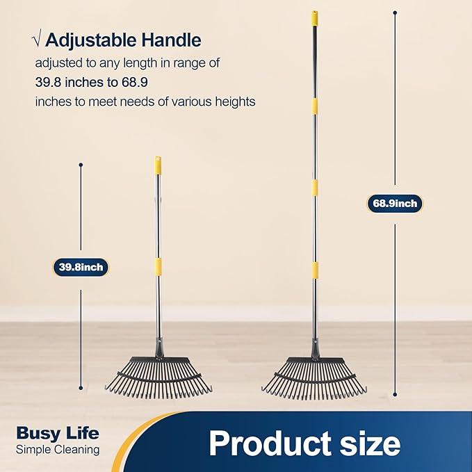 Yocada 19.3" Garden Leaf Rake Wide Heavy Duty Adjustable Long Handle Garden Rake for Yard Garden Lawn Leaves (25 Tines)