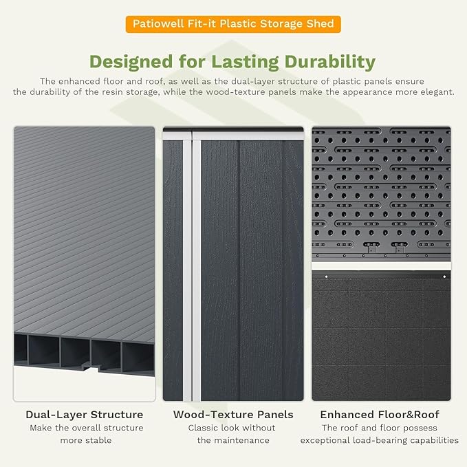 Patiowell Plastic Outdoor Storage Shed, 5 x 3 FT Patio Storage Shed Cabinet with Stable Roof & Lockable Doors Waterproof Resin Shed for Tools, Patio Furnitrue Accessories, Dark Gray