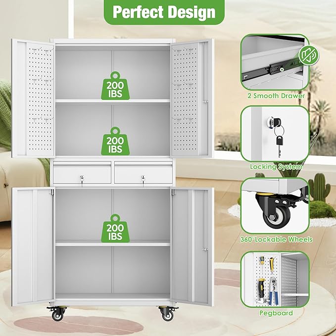 71" H Rolling Tool Storage Cabinet with Pegboard and 2 Drawers,Metal Garage Storage Cabinet with Wheels 4 Doors and Adjustable Shelves for Garage, Kitchen,Office,Required Assembly,White
