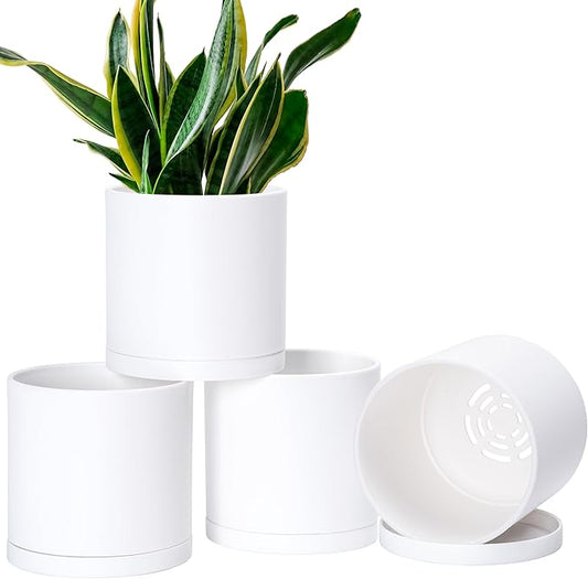D'vine Dev 4 Pack 6.5 Inch Modern Plastic Plant Pots, Small Garden Planters for Plant with Drainage Holes and Saucers, White Color, 74-Z-L-2