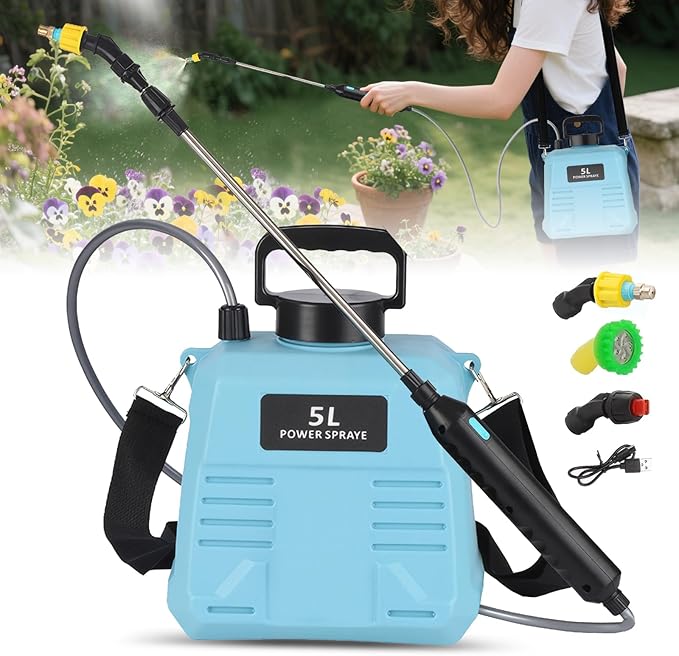Battery Powered Sprayer 1.35 Gallon, Upgraded Electric Garden Sprayer with 3 Nozzles & 4 Spray Modes, Rechargeable Handle, Retractable Wand and Adjustable Shoulder Strap for Weed Killer, Yard, Blue