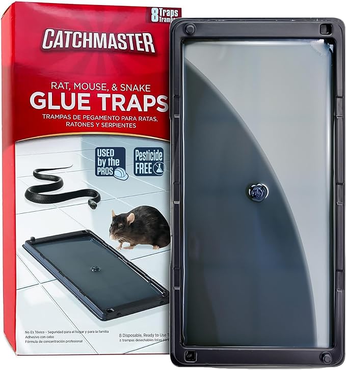 Catchmaster Rat, Snake and Mouse Traps 8Pk, Large Bulk Glue Rat Traps for Home, Adhesive Plastic Tray for Inside House, Snake, Mice, & Spider Catcher, Pest Control for House & Garage