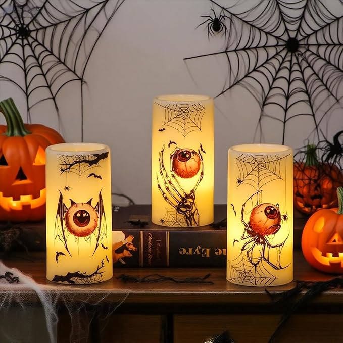 DRomance Halloween Flameless Flickering Candles Battery Operated with Timer, 3 Pack Real Wax LED Pillar Candles Spooky Bloody Eyes Spider Decals Dinner Halloween Decorations Indoor(3" D x 6" H)