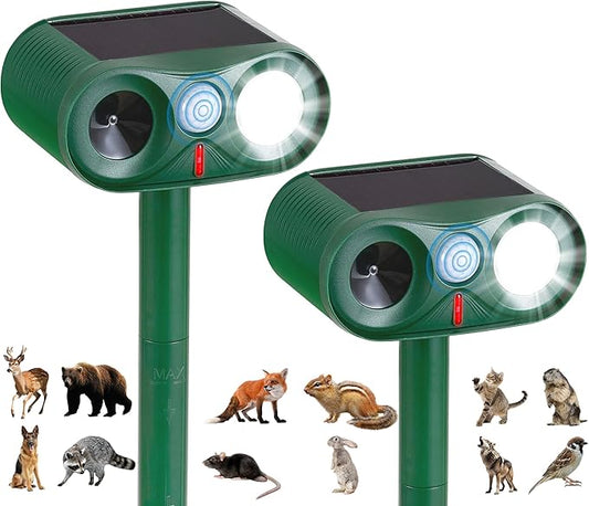 2Pack Solar Ultrasonic Animal Repeller with Strobe Light – for Gardens, Farms and courtyards Outdoor Deterrent for Raccoons, Deer, Squirrels, Cats, Skunks & Foxes