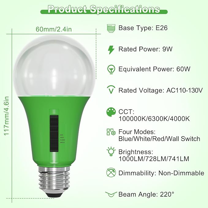 ORALUCE LED Grow Light Bulb 4 Modes, 60 Watt Equivalent Grow Bulbs for Indoor Plants E26 Base, A19 Plant Light Bulb for Seed Starting, Growth, Flower, Vegetables, Non-Dimmable, 2 Pack