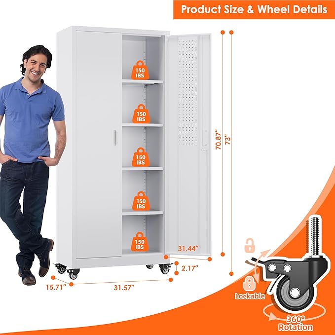 Metal Storage Cabinet with Wheels, Garage Storage Cabinet with 4 Adjustable Shelves and Pegboard for Garage Home Office Utility Room,73" H×31.57" W×15.71" D,Required Assembly,White