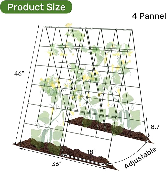 AGTEK 2 Packs 18" x 46" Foldable Cucumber Trellis with Zip Ties Plant Support A Frame Metal Trellis for Cucumber, Climbing Plants, Vegetable Flowers