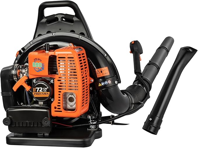 PROYAMA 72CC Gas Backpack Leaf Blower, 2-Cycle 880CFM 275MPH Gas Powered Engine, 2 in 1 Nozzle Low Vibration and Ergonomic Design with Cruise Control for Outdoor GardenYard Cleaning and Snow Removal