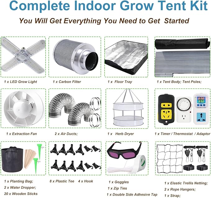 Grow Tent Kit Complete System High Reflective Mylar Indoor Grow Tent Hydroponics Growing Tent with Full Spectrum LED Grow Light Observation Window, Ventilation Fan,Carbon Filter (48" x 48" x 80")