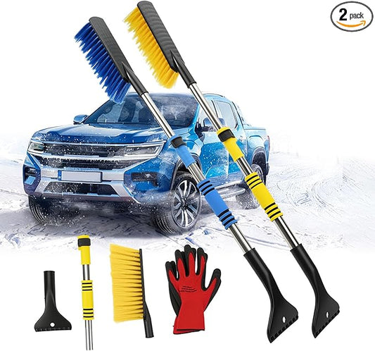 Telescoping Car Snow Brush & Ice Scraper - Detachable Handle, Extra Wide Bristles, Foam Grip - Portable Vehicle Snow Tool