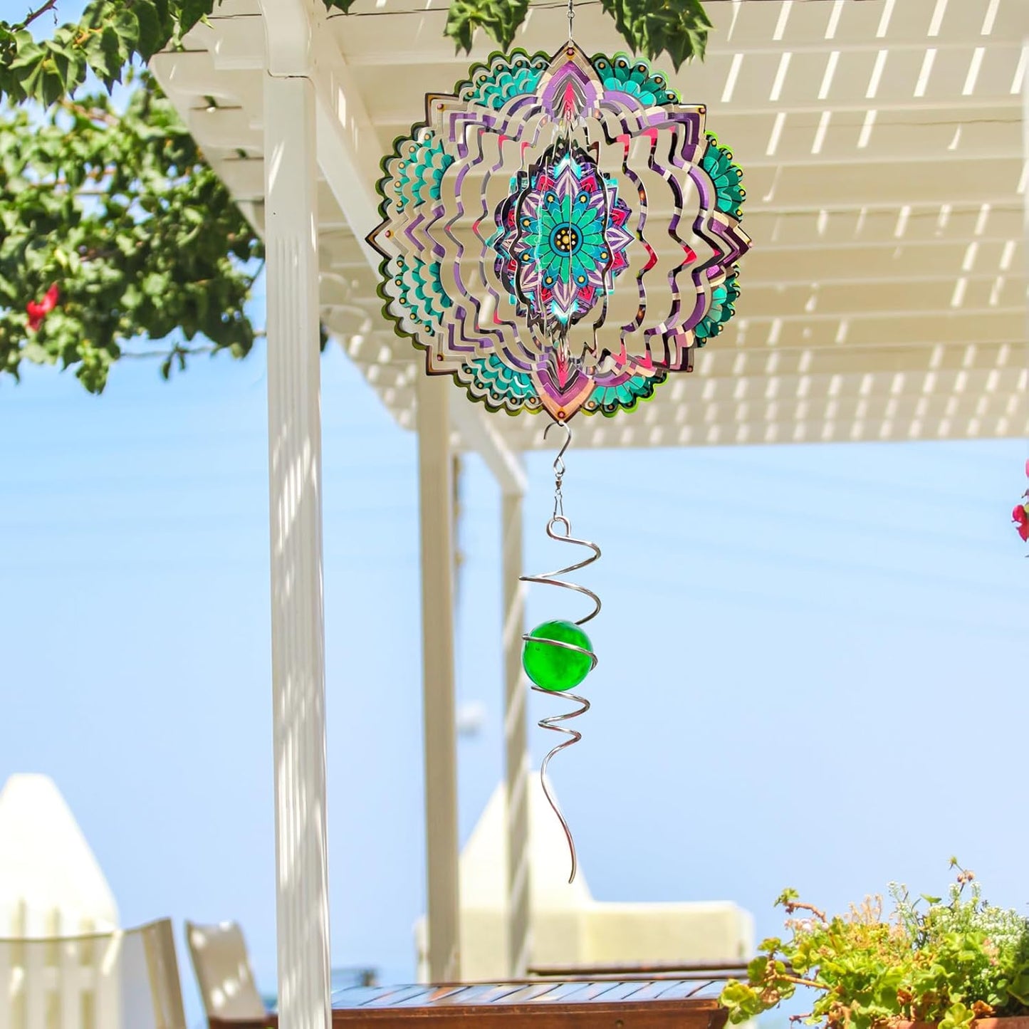 Goolyrusim Wind Spinner Mandala Jasmine, 12Inch Laser Cut Stainless Steel Wind Spinners, 3D Hanging Wind Sculptures for Yard and Garden Decoration Outdoor Decor Ornament, Mandala Gifts for Women Men