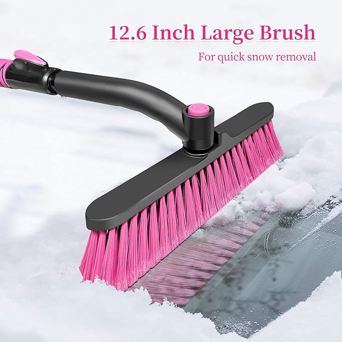 HEEYA 51 Inch Snow Brush for Trucks, Extendable Long Handle Ice Scraper with Brush with Foam Grip, SUV Heavy Duty Snow Brush with Ice Scraper for Car Auto Jeep RV Vehicle Windshield Window - Pink