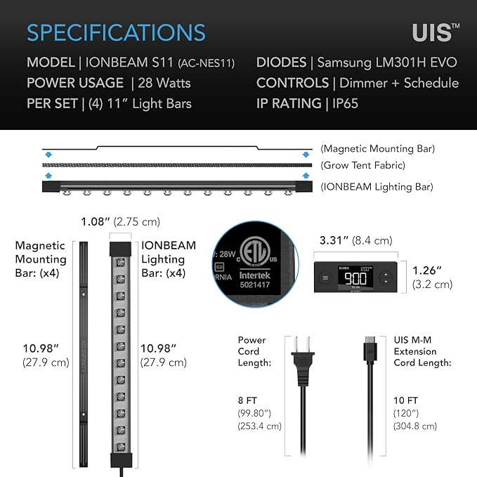 AC Infinity IONBEAM S11, Full Spectrum LED Grow Light Bars 11”, Deeper Penetration Samsung LM301H EVO Diodes and Digital Dimming Timer Controller, for Veg Bloom Indoor Plants, Grow Tents, Greenhouses