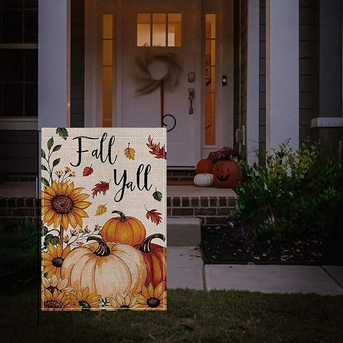 Fall Garden Flag 12 x 18 Inch Double Sided Pumpkin Sunflower Maple Leaves Designs Autumn Burlap Yard Flag for Outside Rustic Yard Outdoor Holiday Home Decoration