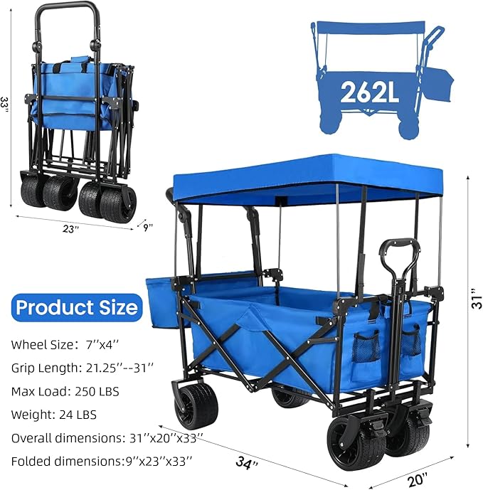 AthLike Extra Large Collapsible Wagon w/Removable Canopy, 250lbs/262L Capacity Foldable Garden Cart w/Rear Storage, Heavy Duty Push&Pull Utility Camping Beach Stroller w/Big Wheel&Adjustable Handles