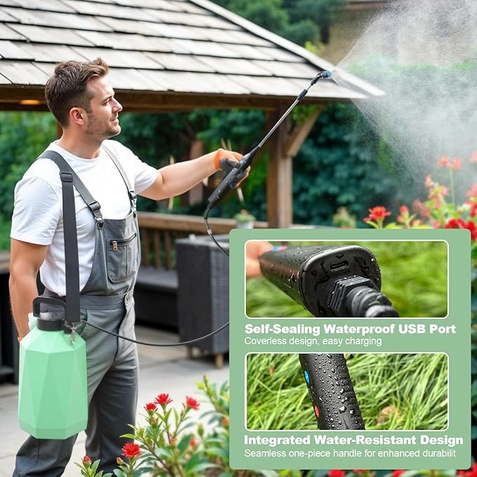 Battery Powered Sprayer 1.35Gallon/5L, 2025 Upgraded Electric Sprayer in Lawn and Garden with 3 Adjustable Force, Battery Indicator, Rechargeable Handle, Telescopic Wand,3 Mist Nozzles,Shoulder Strap