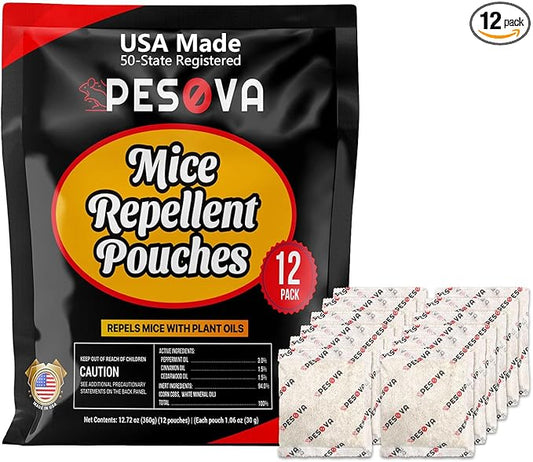 Mouse Repellent Pouches, Extra-Strength Natural Peppermint Oil Mice Repellent Indoor, Made with Plant Fibers Cinnamon and Peppermint Oils, Use Safe for Car/RV/Boat/Garage/Shed (Pack of 12)