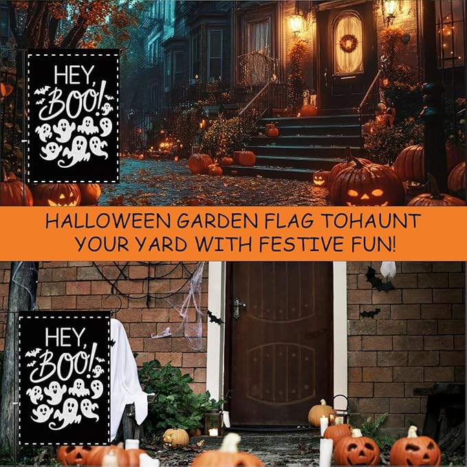 Fokongna Interesting Halloween Ghost Garden Flag, Halloween bat Ghost Hey Boo Garden Flag, 12x18 Inch Burlap Vertical Double Sided Flags, for Home Yard Outside Decorations