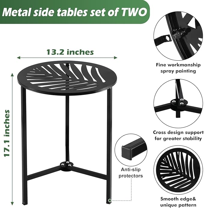 2 Packs 13" Metal Outdoor Side Tables Small Black Outside End Table for Patio Round Accent Corner Stand for Small Spaces Weather-resistant Coffee Table for Balcony Porch Plant Stand,Tropical Leaf