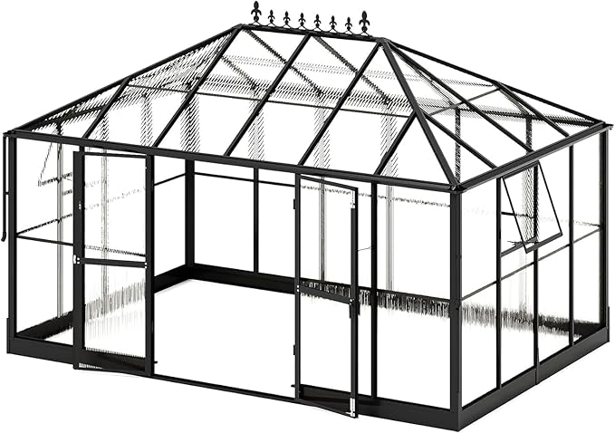 AMERLIFE 14x9.5x9FT Walk-in Polycarbonate Greenhouse with Quick Connector, Fast Assembly Aluminum Greenhouse for Outdoors, Swing 2 Doors, Black