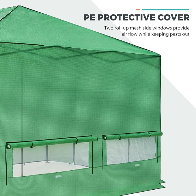 EAGLE PEAK Replacement Cover for 12x8 Portable Walk-in Pop up Greenhouse, Front and Rear Roll-Up Zipper Entry Doors and 4 Large Roll-Up Side Windows (Frame Not Included), Green