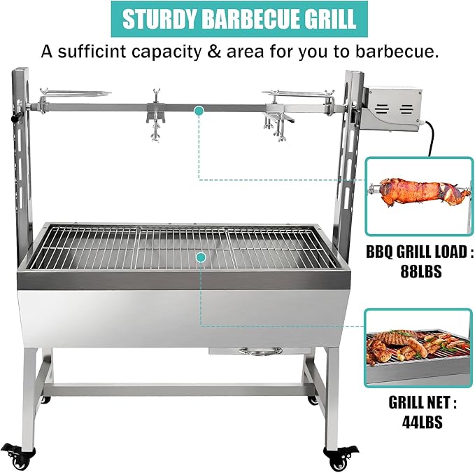 Rotisserie Grill Charcoal Spit Roaster, Stainless Steel 37" Pig Lamb Hooded Roaster Charcoal Spit With 25W Motor & Adjustable Height Lockable Casters For Party Barbecue,132 LBS Without Baffle