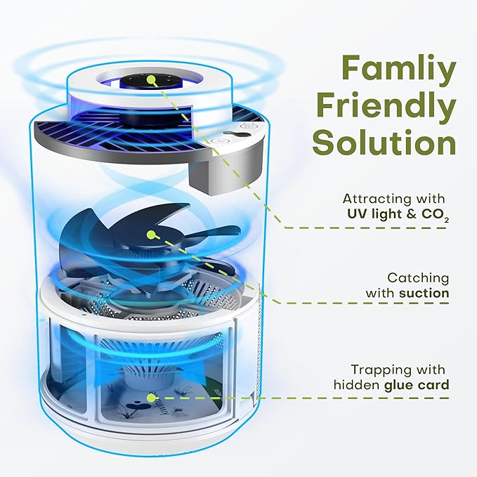 Indoor Insect Trap - Catcher & Killer for Fruit Flies, Gnats, Mosquitoes - Bug Light Traps with Suction for Inside Your Home, 5 Sticky Glue Cards, with Bait, White