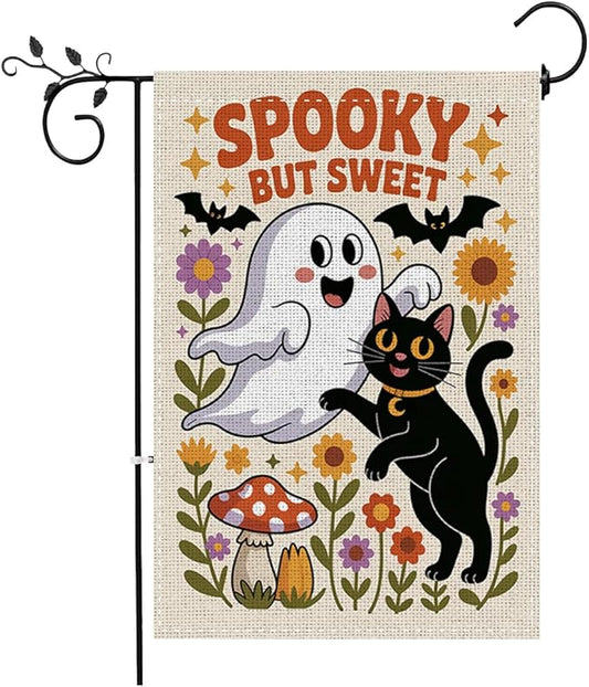 Fokongna Spooky But Sweet Halloween Garden Flags, Cute Ghost Black Cat Halloween Decor Flag, 12x18 Inch Burlap Vertical Double Sided Flags, for Home Yard Outside Decorations