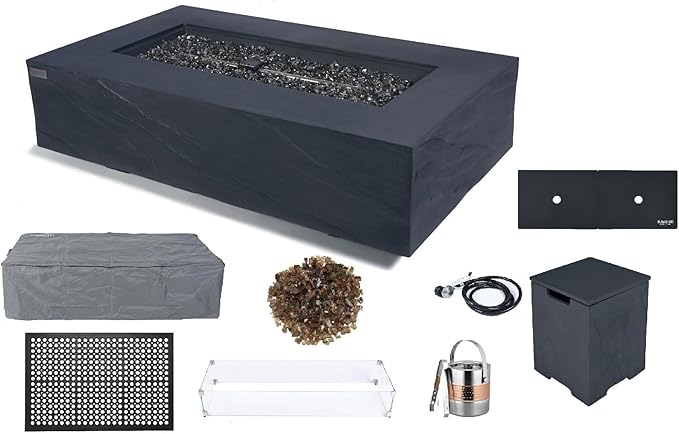Elementi+ | Bundle Cape Town Gas Fire Pit Cast Concrete 56" Rectangular Fire Table, Outdoor Fire Pit Electronic Ignition | Canvas Cover, Fire Glass and Burner Lid Included | Dark Gray | Propane Gas