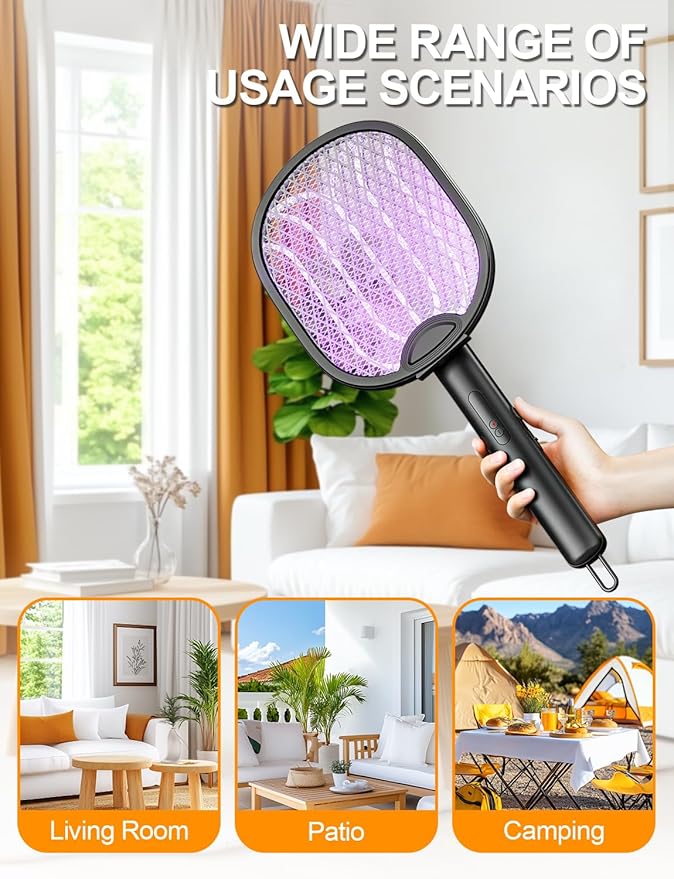 Electric Fly Swatter 4000V Bug Zapper Racket Foldable with Blue Light Dual Mode 1800mAh Rechargeable Battery 5-Layer Safety Mesh for Indoor & Outdoor(Black)