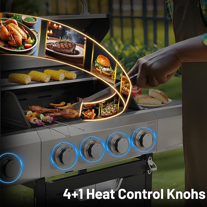 4-Burner Propane Gas BBQ Grill with Side Burner, 51000 BTU Stainless Steel Gas Grill with Rain Cover for Outdoor, Camping, Barbecue Grilling Backyard Cooking (4+1 burner)