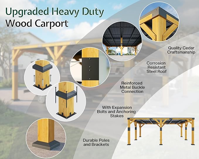 Jocisland 20x20x9.2 FT Cedar Wood Carport with Sloped Galvanized Steel Roof, Heavy Duty Outdoor Shelter for 2 Cars, Trucks, Boats & Tractors, Wind & Snow Resistant Pitch Roof Design