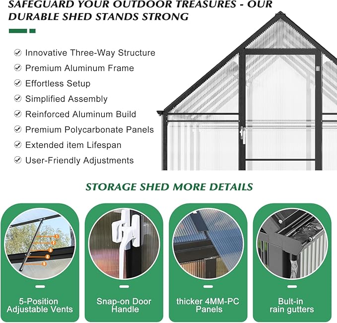6'x10' Snap-Together Greenhouse - Easy 3-Way Connectors, Heavy-Duty Aluminum Frame, Wind/Snow Resistant for Gardening/Urban Farming, Includes Sliding Door & Ventilation Windows