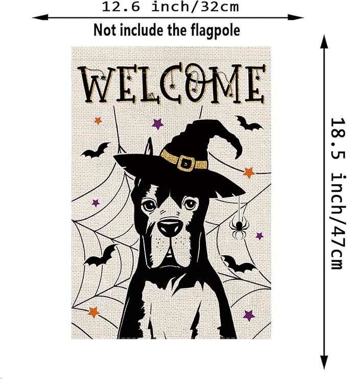 Halloween Garden Flag Great Dane Cobweb Bats Double Sided Vertical Welcome Flag Seasonal Holiday Outdoor Yard Lawn Party Decorations 12.5 x 18 Inch