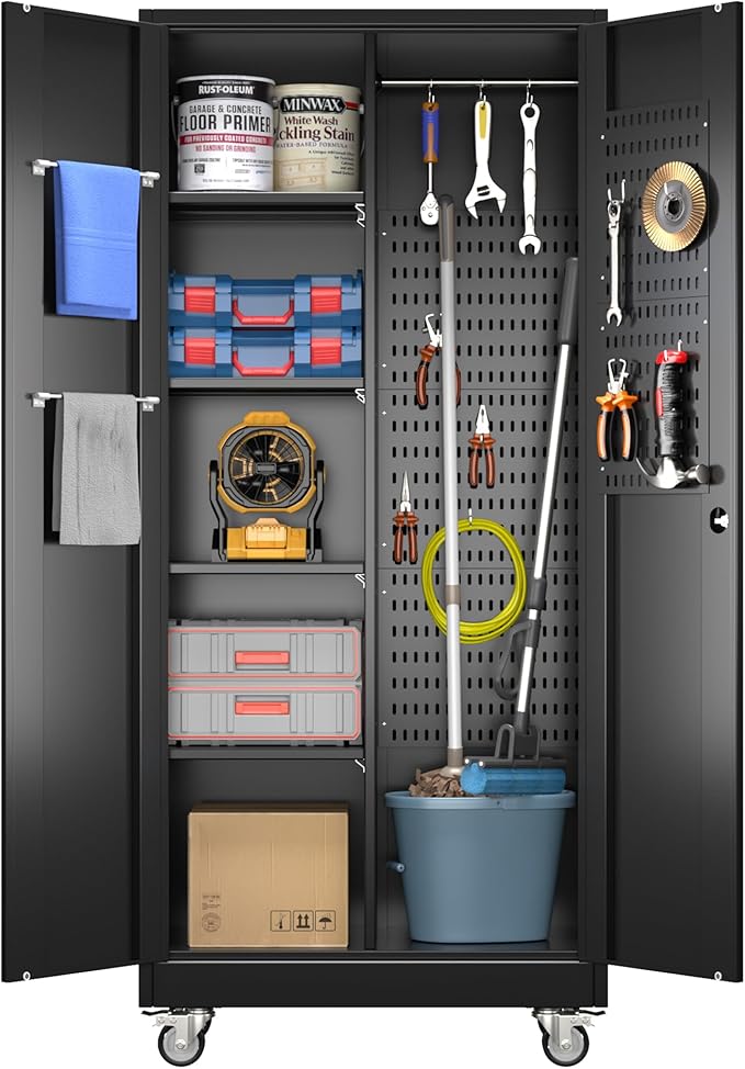 71" H Broom Closet Storage Cabinet with Wheels and Pegboard,Metal Garage Storage Cabinet with Lockable and Magnetic Doors,Adjustable Shelves for Garage Home Office,Required Assembly,Black