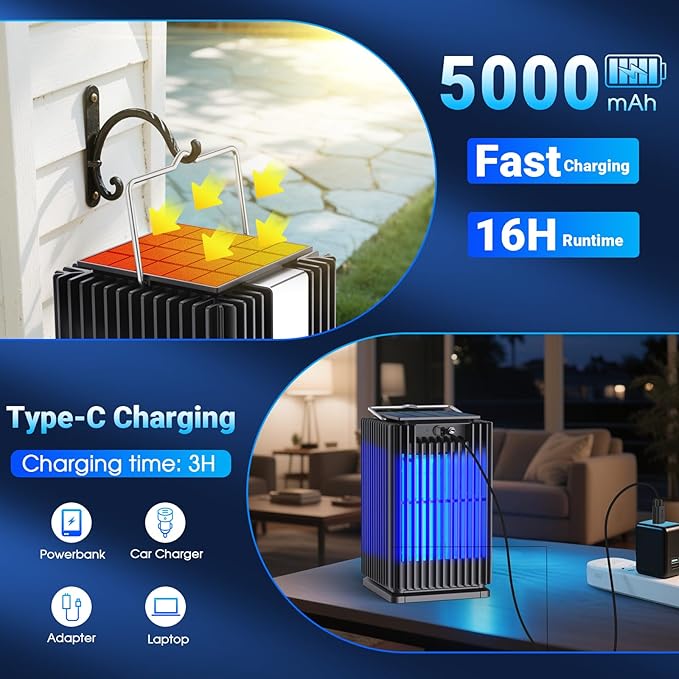 Solar Bug Zapper Outdoor Waterproof, Solar Mosquito Zapper Outdoor with Ground Bracket, Cordless Fly Zapper with Illuminated Light, 5000mAh Rechargeable Mosquito Killer