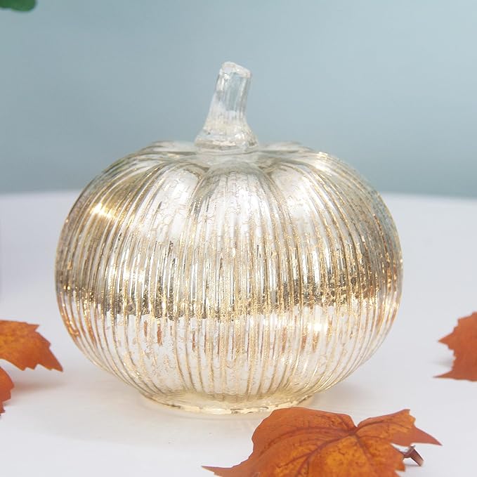 Mercury Glass Pumpkin Lights with Timer, Battery Operated Led Pumpkin Lights for Halloween Fall,Thanksgiving Rustic Decor (Silver Fine-Striped, 6")