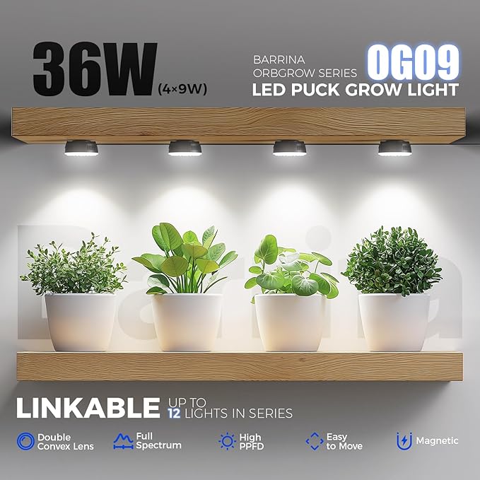Barrina Orbgrow OG09 Puck LED Grow Light, 5000K 36W(4 x 9W, 540 Watt Equiv), Plant Lights for Indoor Plants Full Spectrum, Magnetic & Linkable, Small Grow lamp, Perfect for Plant Shelf, 4 Packs, Black