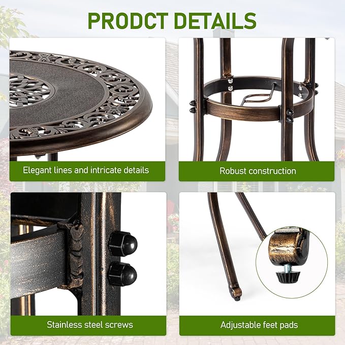 Outvita Outdoor Dining Table, Cast Aluminum Round Patio Bistro Table with Umbrella Hole Weather Resistant Aluminum for Balcony Poolside Garden Lawn