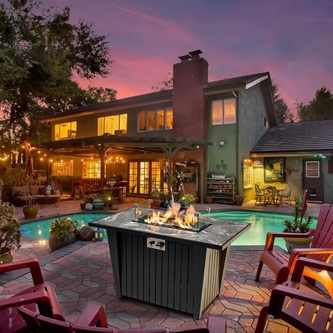 42'' Propane Fire Pit Table, Marble Tile Ceramic Tabletop with Glass Wind Guard, 50,000 BTU Fire Table, Inclined Leg and Art Powder Design, Blue Glass Rocks, Including Lid&Cover