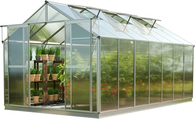 Greenhouse Topas 7 Aluminum Frame 7.4 x 14.7 ft with Approx. 8 mm Polycarbonate Panels - with Bonus Base Frame and Automatic Vent Opener