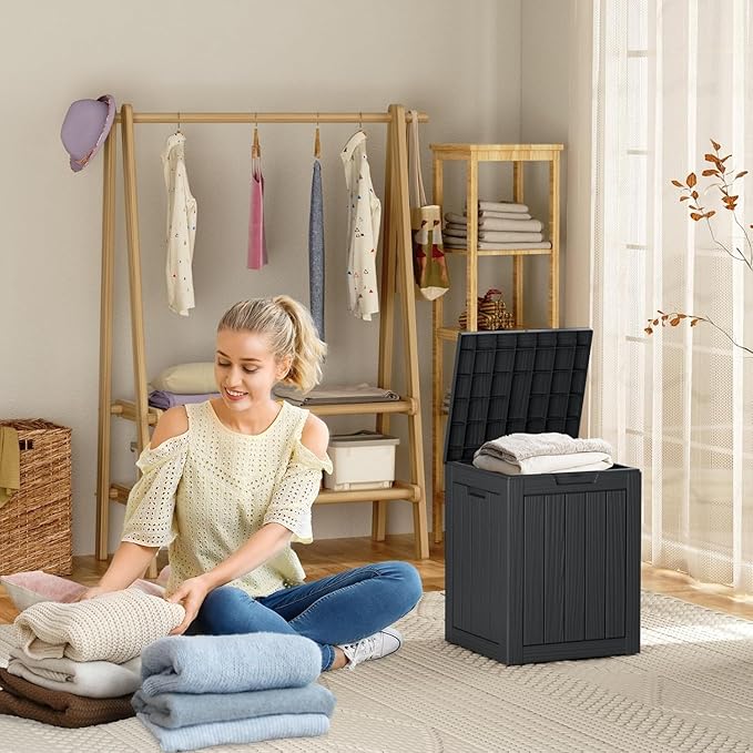 28 Gallon Deck Box,Resin Outdoor Storage Box with Lockable for Patio Furniture, Pool Accessories, Garden Tools Waterproof Outside Storage Box, Black