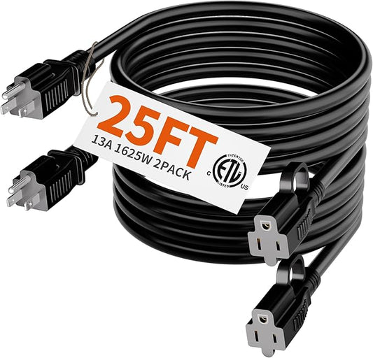HUANCHAIN Indoor Outdoor Black Extension Cord 25 ft 2 Pack Waterproof, 16/3 Gauge Flexible Cold-Resistant Appliance Cable Outside, 13A 1625W 16AWG SJTW, 3 Prong Heavy Duty Electric Cord, ETL