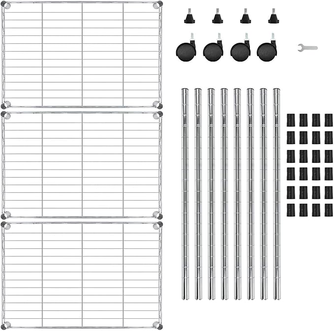 FDW 3 Tier Wire Shelving Metal Storage Shelves 23L x 13W x 32H Layer Storage Shelves with Wheels for Kitchen Garage Small Places,Chrome