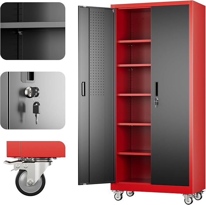 71"H×32"W×16"D Rolling Tool Storage Cabinet with 5 Adjustable Shelves and Pegboard,Metal Garage Storage Cabinet with Wheels for Garage Home Office Utility Room,Required Assembly, Red and Black
