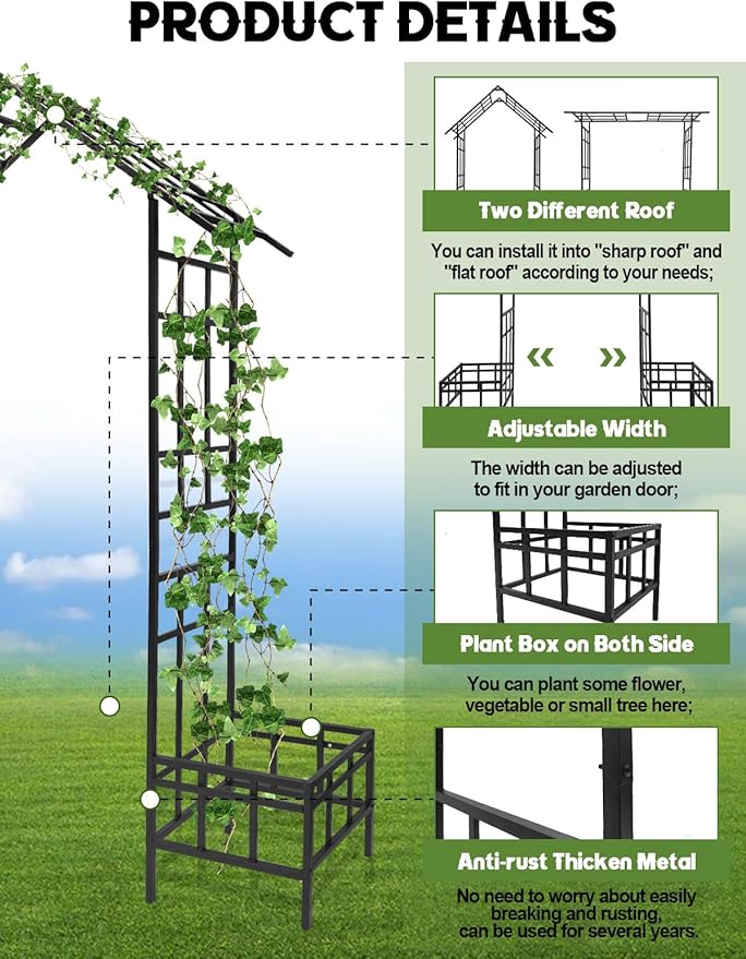 Kalolary 2 in 1 Metal Garden Arbor with Plant Box, 8FT House Shape Garden Arch Trellis for Climbing Plants Heavy Duty Steel Pergola Arch for Wedding Party Backyard Outdoor (Freely Adjustable Width)
