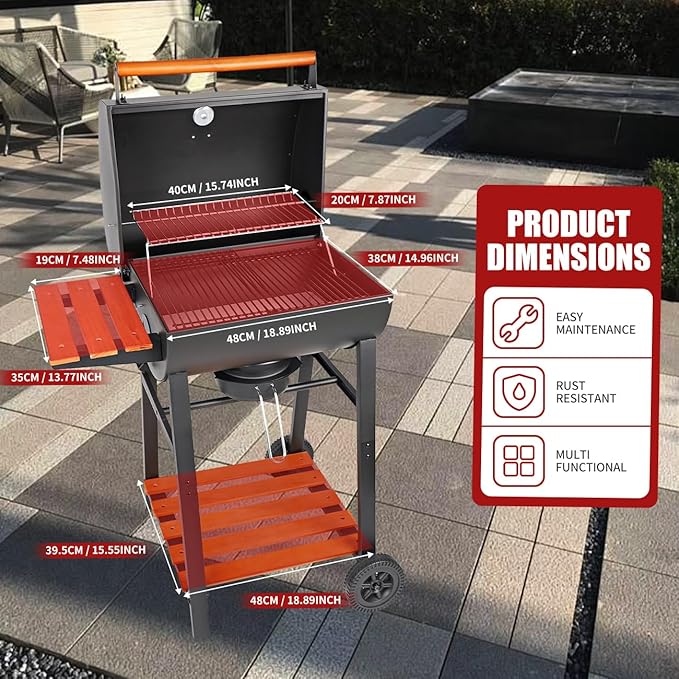 Charcoal Grill with Temperature Gauge - Large Outdoor Barrel Barbecue Grill with SideTable, 406 sq in Cooking Space for 6-10 People, ldeal for Camping and Backyard BBQ