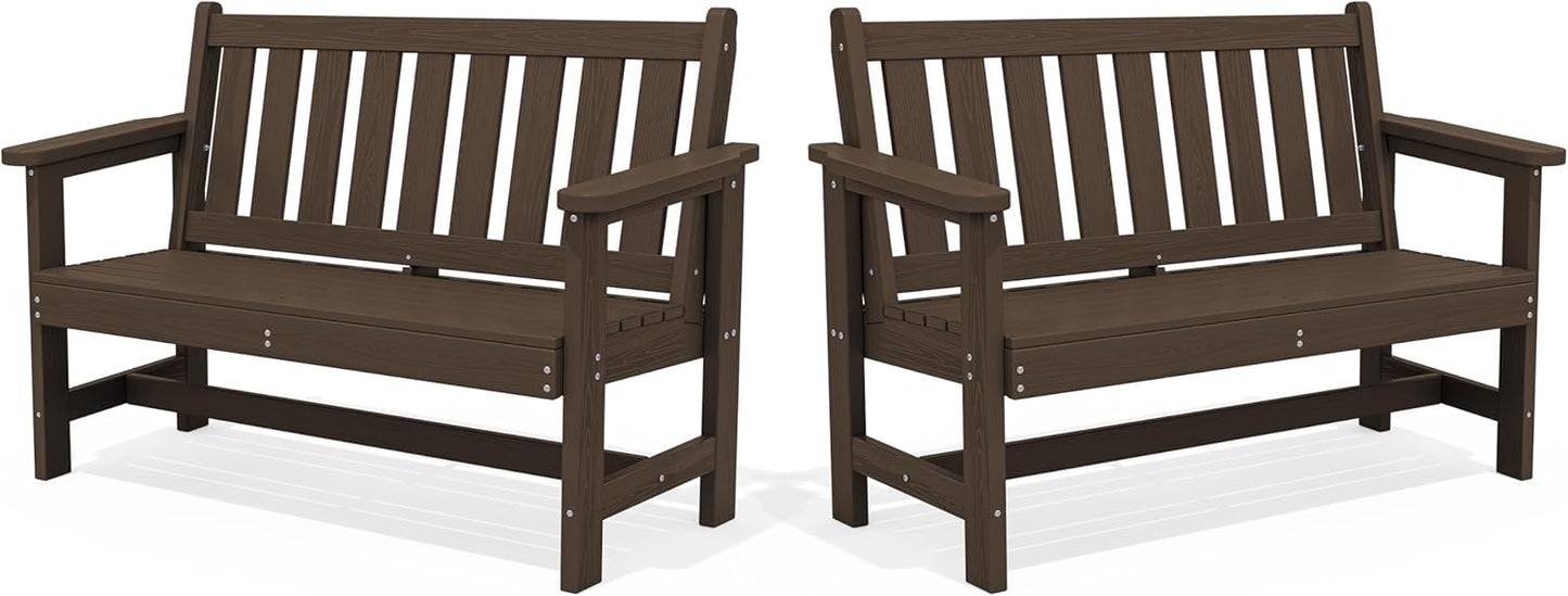 SERWALL Outdoor Bench, HDPE Outdoor Benches Weatherproof, 2-Person Garden Bench with 660 lbs Weight Capacity, Patio Benches for Outdoors, Garden, Porch, Backyard and Park, Coffee, 2 Pack