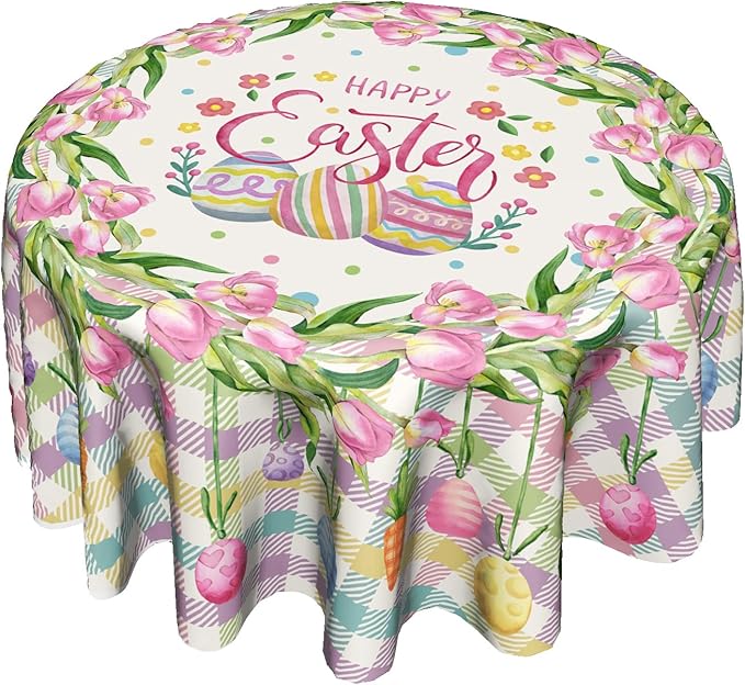 Giwawa Happy Easter Round Tablecloth 60inch -Watercolor Spring Flower Tulips Plaid Polyester Table Covers, Washable Indoor Table Cloths Holiday Decor for Farmhouse Kitchen Backyard BBQ Party